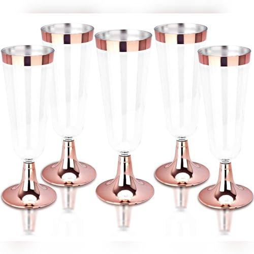 TemBe 50 Disposable Plastic Champagne Flute, 5Oz Toasting glasses for decoration, Wedding, Birthdays, bridal shower party, Premium Quality and Reusable (Rose Gold)