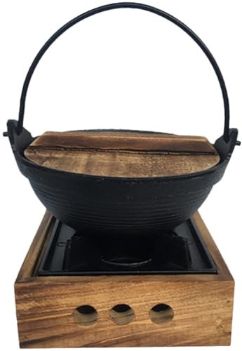 Japanese Hot Pot Sukiyaki BBQ Stove Individual Nabe Japanese Cooker, Iron Cauldron Korean Hot Pot Shabu Pot Wood + Iron Handle Wooden Cover