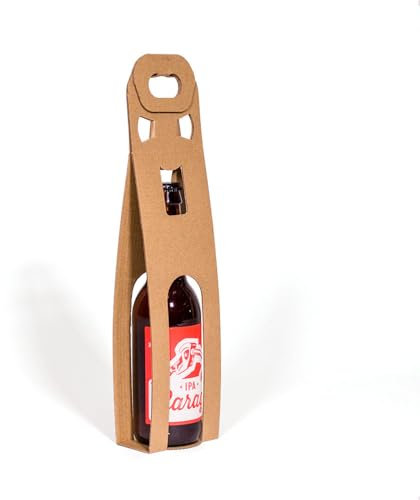 Pack 25 unidades - Expositor 1 botella de cerveza - color marrón. Portabotellas de cartón. Esuche para botellas ideal tamaño 33cl con ventana troquelada y asa. Caja cartón para cervezas