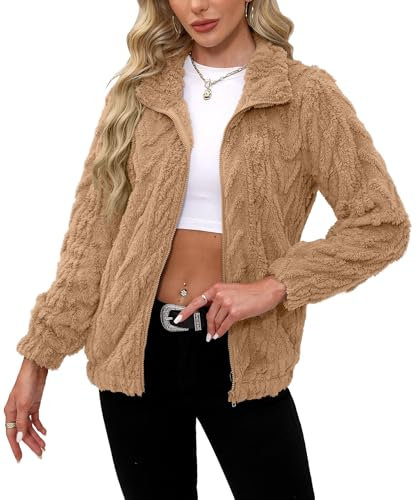 BesserBay Ohne Kapuze mit Reißverschlüssen Winter Warm Jacke Damen Teddyfleece Damen Multitexturiert-Braun M