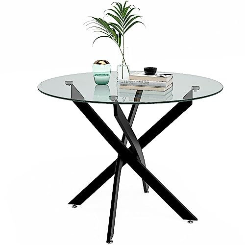 GOLDFAN Mesa de comedor pequeña redonda de cristal moderna con patas de metal negro para comedor, color negro, 80 cm (solo mesa)