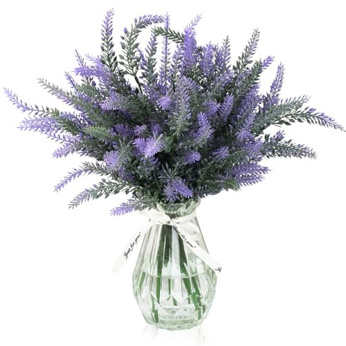 SUMJOK Künstlicher Lavendel mit Glasvase für Bauernhaus-Heimdekoration, 4 Blumensträuße, künstliche Lavendelblumen, künstlicher Lavendelstiel in transparenter Blumenvase für Zuhause, Wohnzimmer,
