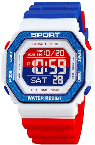 PASOY Reloj Montre tendance pour homme et femme unisexe avec rétroéclairage numérique Style décontracté Étanche Sports de plein air Natation Coloré, bleu/rouge, Décontracté