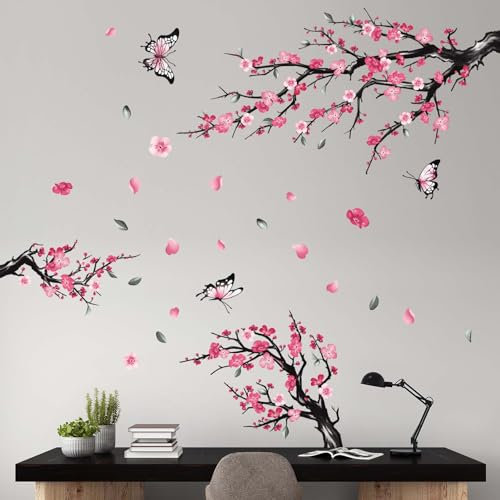 PinkEleph Pink Watercolor Cherry Blossom Flower Wall Stickers - Tree Branch Birds Floral Cherry Blossom Wall Decals - Living Room Bedroom TV Sofa Background Family Wall Decor