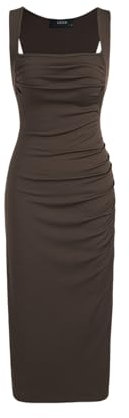 CIDER Midi-Kleid für Damen, figurbetont, quadratischer Ausschnitt, ärmellos, gerüscht, sexy, Cocktail-Party, Ausgehen, Braun, Mittel