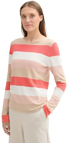 TOM TAILOR Damen Strickpullover mit Rundhals, 35085 - Rose Red Ottoman Stripe, XL