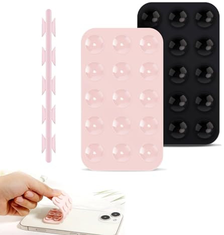 XKSIDA 2 PCS Phone Suction Holder, Double Sided Suction Cup Phone Mount Square Multi-purpose Silicone Mobile Phone Suction Cup Holder Self-Adhesive for Mobile Devices (Light Pink+black)