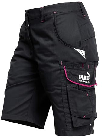 PUMA Workwear Precision X Arbeitsshorts - Kurze Arbeitshose Damen - Robustes, Flexibles Material - Cargohose mit vielen Taschen - Bequeme Passform für Handwerk & Gewerbe - Schwarz/Pink - Gr. 34
