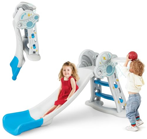 INFANS Toddler Slide, 3 in 1 Foldable Kids Slide Indoor Slideway with Basketball Hoop, Outdoor Climber Freestanding Playset, Extra Long Slipping Slope Sturdy Plastic Playground Toy