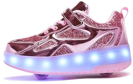 Mateju Schuhe mit Rollen für Jungen Mädchen Kinder Rollschuhe Schuhe mit 2 Rollen, 2 in 1 Turnschuhe Versenkbarer, Damen Herren Roller Schuhe Turnschuhe Skateboardschuhe 39 EU Pink