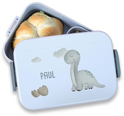 hellomini Mepal Brotdose - Personalisiert - Brotdose Kinder mit Fächern - Snackbox mit Fächern - Lunchbox, Bento Box Geschenk zu Einschulung - Einschulungsgeschenk (Dino, Grün)