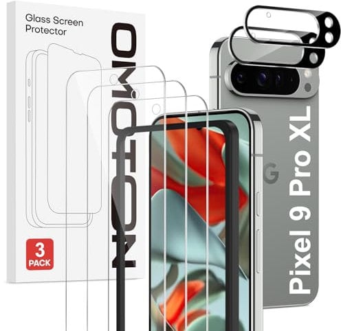 OMOTON Protector de pantalla de cristal para Google Pixel 9 Pro XL con ayuda de instalación del marco, 3 protectores de pantalla y 2 protectores de cámara, protector de pantalla HD, dureza 9H,
