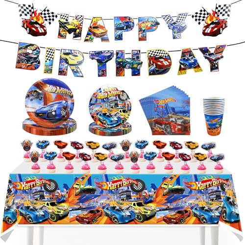 FAELNK Set de Cars Vaisselle Anniversaire Kit de Vaisselle d'anniversaire Voiture de Course Nappe Assiettes Tasses Serviettes pour Enfants Party 10 Personnes
