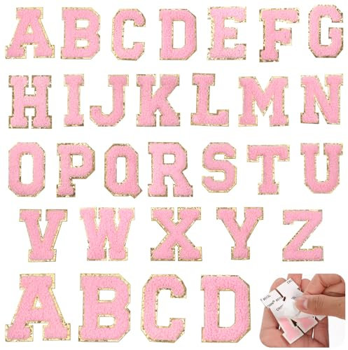 26 PCS Iron on Letters for Clothing, Chenille Letter Patches 2 Inch A-Z Glitter Letter Iron on Patches Chenille Embroidered Alphabet Patches for Clothing Sweatshirt Jackets Hat (Pink, Gold)