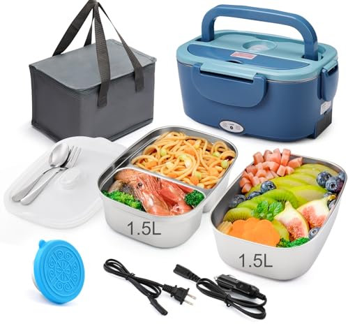 Fiambrera eléctrica para alimentos con contenedores dobles de 1,5 l, 80 W a prueba de fugas, portátil para adultos, trabajo en camión, 12 V/24 V/110 V, lonchera calefacción, con cuchara de tenedor SS,