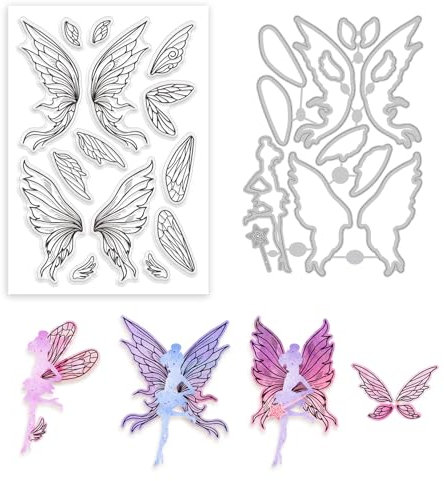 GLOBLELAND Transparente Stempel Mit Flügeln Und Stanzformen Für Elfen. Transparente Stempel Mit Schmetterlingsflügeln Aus Silikon Und Stanzformen Aus Metall Mit Magischen Feen Für Die Kartengestaltung