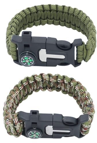 Bracciali di kit campeggio, 2 pezzi kit di sopravvivenza con pietra focaia accendi fuoco, raschietto, bussola, fischietto e paracadute fibbia per escursionismo, campeggio