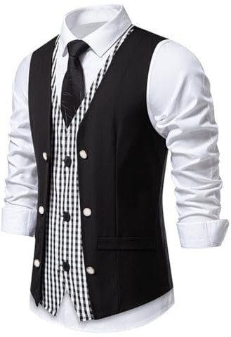 Tobysper Giubbotto da uomo con scollo a V gilet multi-fila due pezzi gilet formale business tinta unita gilet multi-fila due pezzi gilet casual business tuta gilet, Nero , L