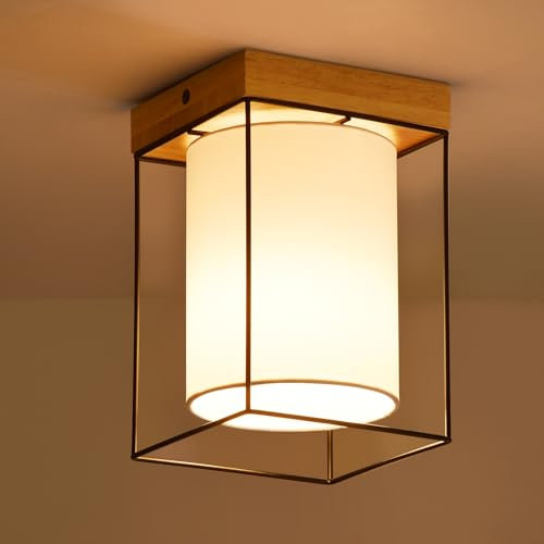 CBJKTX Deckenleuchte Flur Deckenlampe Holz - 1 Flammig E14 Vintage Flurlampe mit Stoff-Lampenschirm Küchenlampe Industrial Retro Schlafzimmerlampe für Schlafzimmer Küche Büro (ohne Leuchtmittel)