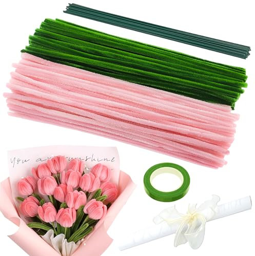 KAOTPO Pfeifenreiniger zum Basteln, 200 Stück Pfeifenputzer zum Basteln, Pfeifenreiniger Blumen Set mit Blumendraht, Bänder, Geschenkpapier, Geschenkband für Blumenstrauß DIY Dekorationen