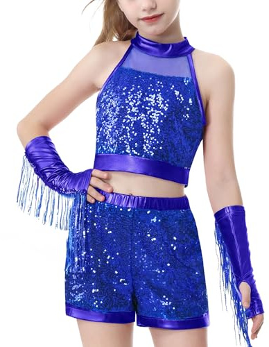 Tenue de Danse Paillettes pour Fille, Haut Court et Short, Bleu, 8-9 Ans