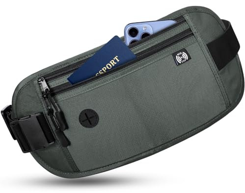 Sofore Riñonera Impermeable para Mujeres y Hombres, Cinturón de Dinero para Pasaporte con Tecnología de Bloqueo RFID,Riñonera Viaje Antirrobo para Pasaporte,Teléfono en Efectivo,Gris