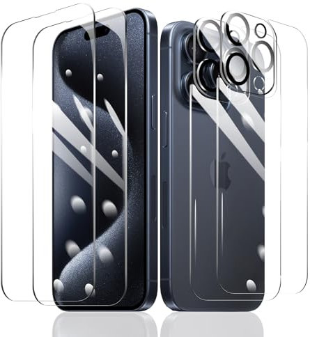 2×Film Protection D'écran pour iPhone 15 Pro Max + 2×Protection Camera Objectif Arriere appareil Photo + 2×Arrière Verre Trempé, Vitre Protecteur Accessoires, HD Dureté 9H Glass, Compatible Coque
