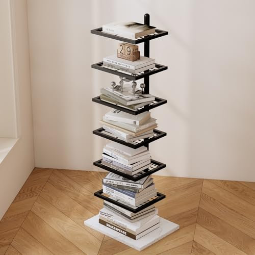 BUZUEY Bücherturm mit Metallrücken, 6 Ebenen, vertikales Bücherregal mit Marmorsockel, unsichtbares Bücherregal für kleine Räume, schmales Bücherregal, Ausstellungsregal für Bücher, schmales