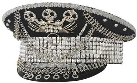 CAMDOM Pailletten Militärhut Totenkopf Kapitän Cap Steampunk Zahnräder Kopfbedeckung mit Ketten Kostüm Zubehör für Burning Man Festival und Cosplay
