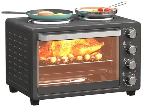 HOMCOM Mini Backofen 28L 2600W 100-230℃ 60 Min. Timer inkl. Krümelblech, Warmhalteplatten, Backblech und Grillrost, Minibackofen mit Innenbeleuchtung Tablettgriff Schwarz