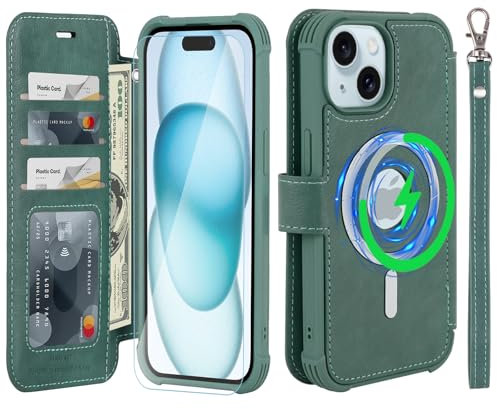 VANAVAGY Compatible for iPhone 15 Wallet Case for Magsafe Wireless Charging,Leather Flip Wrist [Glass Screen Protectors and Camera Lens Protectors]with RFID Blocking Card Holder,Forest green