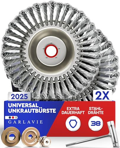 GARLAVIE 2X Unkrautbürste für Motorsensen – Freischneider Zubehör, Drahtbürste zur effektiven Moos- & Unkrautentfernung