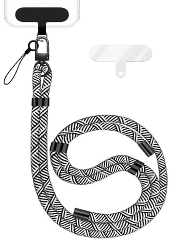 NALIA HoldMe Universal Handykette für Smartphone & Handyhüllen, Nylon-Seil Verstellbar & Abnehmbar, Umhänge-Band, Handyband, Lanyard mit Karabiner (schwarz) & 2 Patches, Farbe:Schwarz Weiß