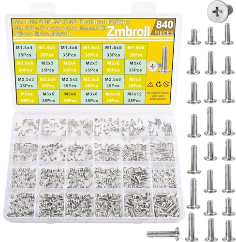 Zmbroll 840Pcs Flat Round Head Machine Screw Phillips SSD Screw Small Computer Laptop Screws Nickel Plated Micro Screw Assortment Kit for Eyeglasses, Watches, Electronic Repair