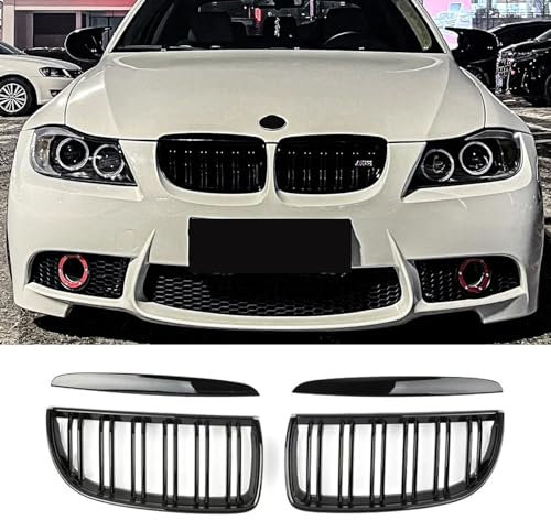 Hengjiayao Griglia anteriore E90 per BMW 3er E90 E91 2005 2006 2007 2008 E90 Touring E91 Grill Nero Lucido Doppia Ponticello Sport Griglia anteriore del radiatore(For 3er E90 E91 2005-2008 PRE)
