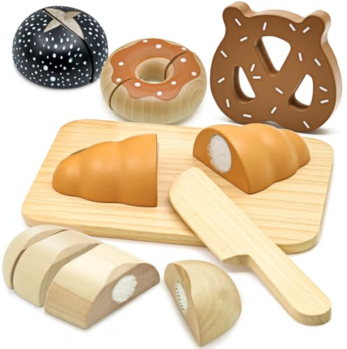 Acelane Kinder Küchenzubehör, Holz Lebensmittel Spielzeug Set, Schneiden Brot Spielzeug Spielset, für Jungen Mädchen ab 3 Jahre alt Rolle Spielen Geschenk