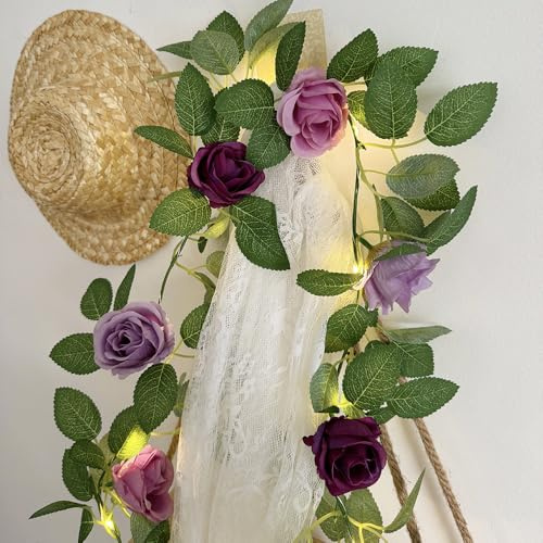 GUOCHENG 6.56FT Rose Garland Lights with Timer, Faux Floral Purple Roses Fairy Lights, Fake Flowers Vine String Light for Wedding Home Party, Windows Fireplace Table Runner Decor(1Pack)