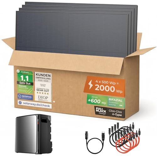 Solarway® Balkonkraftwerk 2000Wp / 800W mit 3,8 kWh EcoFlow STREAM Ultra X Speicher – Komplettset mit 500W Solarmodulen, Wechselrichter & Zubehör – steckerfertige Mini-Solaranlage für die Steckdose