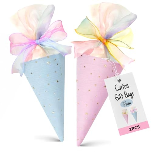 2 Stück Einschulung Schultüte, Geschwistertüte, Zuckertüte, Schultüten zum befüllen, Geschenk Schuleinführung(Blau+Rosa)
