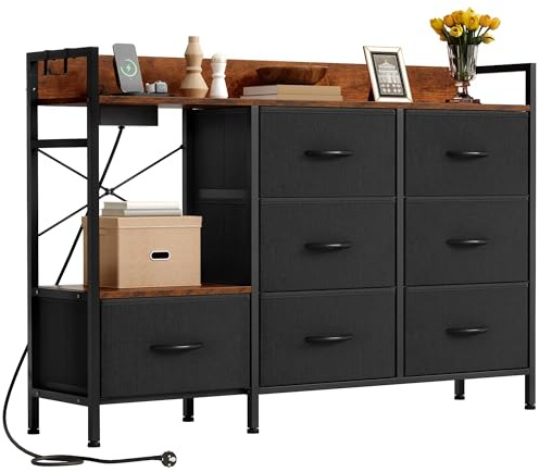 YITAHOME Kommode Schlafzimmer mit 7 Stoffschubladen, Kommode mit 2 Steckdosen, 2 USB-Anschlüssen, TV-Schrank mit seitlichen Haken,Schwarz