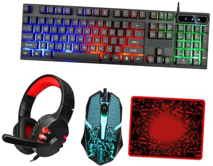 Angoily Gaming Keyboard Mouse Headset Mousepad Combo Wired USB Computer Accessories with Keys and High-performance Mouse for Office and Gaming Use