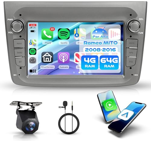 Rimoody 4G+64G Autoradio Android per Alfa Romeo Mito 2008-2016, 7 Pollici Radio con Carplay Android Auto Wireless Navi GPS WiFi/FM/RDS/EQ BT Controllo del Volante Telecamera Posteriore