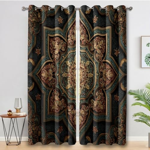 Generisch Blickdichte Vorhänge Mandala, Wohnzimmer Schlafzimmer Deko, Böhmen Blumen Indischer Hippie-Stil Gardinen mit Ösen, Thermo Verdunklungsvorhänge 2er Set H137 x B117 cm pw&21