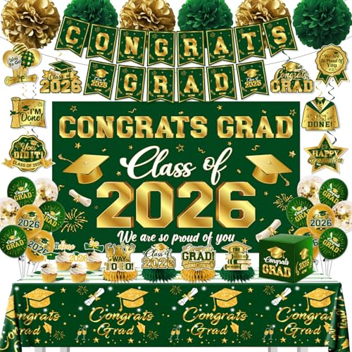 Graduation Decorations 2026 Green and Gold Class of 2026 Banner Congrats Grad Backdrop Tablecloth Balloons Hanging Swirls Honeycombs Cupcake Toppers Box Pompoms for Graduation Party Decor Supplies