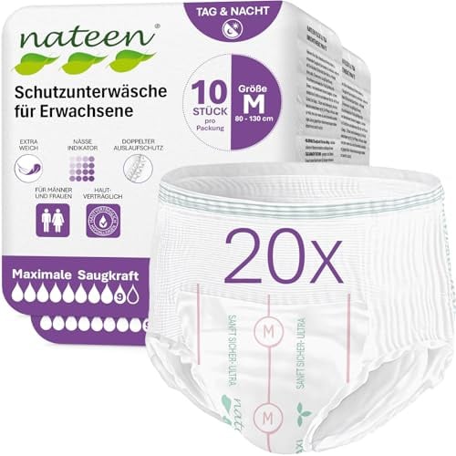 Nateen Flexi Ultra Windelhosen für Frauen und Männer – Windeln für Erwachsene mit maximaler Saugkraft, sicherem Auslaufschutz und atmungsaktivem Komfort, Tag & Nacht, Größe M, 20 Stück