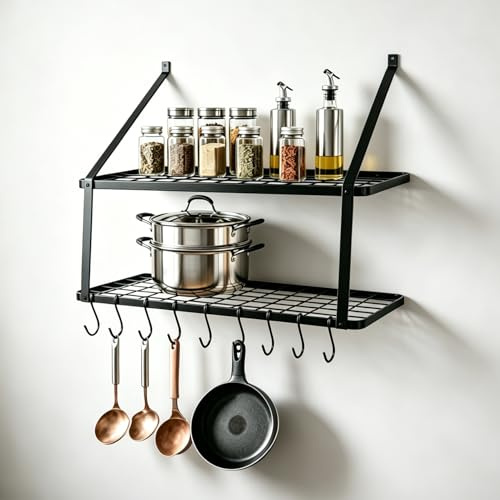 TOQUE Pot and Pan Rack Wall Mounted Utensil with Hook Kitchen Storage Black | Heavy Duty Kitchen Shelf,Hanging Pan Organizer,10 Movable Hooks,Powder-Coated Finish,For Kitchen Bathroom Balcony Storage