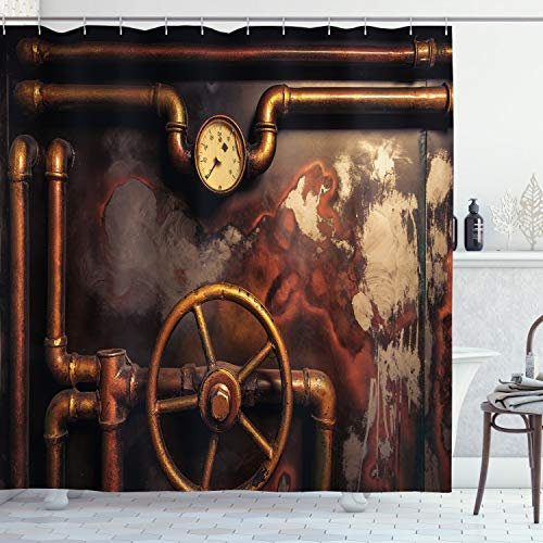ABAKUHAUS industriell Duschvorhang, Dampfleitungen, Stoffliches Gewebe Badezimmerdekorationsset mit Haken, 175 x 220 cm, Dark Orange Umber