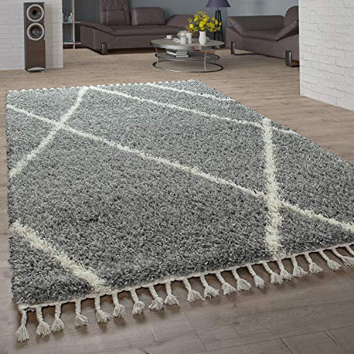 Paco Home Shaggy Teppich Wohnzimmer Hochflor Rauten Muster Skandi Design, Grösse:60x100 cm, Farbe:Grau