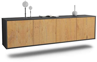 Dekati Lowboard Anaheim hängend (180x49x35cm) Korpus anthrazit matt - Front Holz-Design Eiche - Push to Open