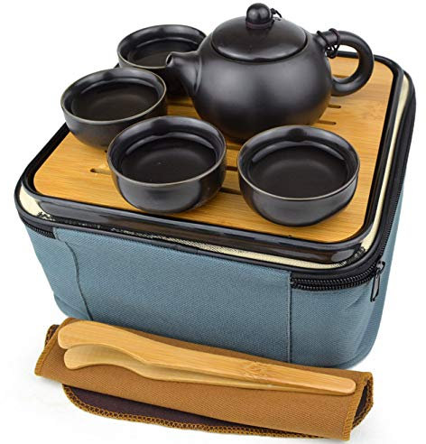Yxhupot Reise-Teeservice Kungfu Teekanne Tassen Tablett mit Geschenkzubehör Schwarz Tragbare Verpackung (Black-A)